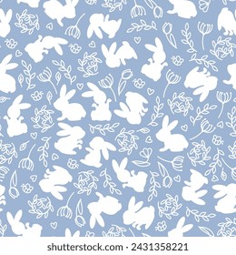 Easter seamless pattern of white silhouettes of rabbits with flowers