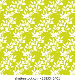 Easter seamless pattern of white small wild flowers and leaves on yellow-green background