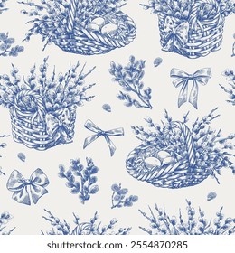 Easter seamless pattern Wicker baskets with branches willows, bows. Toile Vintage Background for design package, paper, Holiday decor. Blue beige. Hand drawn engraved elements