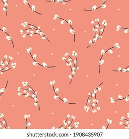 Easter seamless pattern with willow twigs. Easter holiday background. Design for paper, textile, scrapbooking, printing. Vector illustration