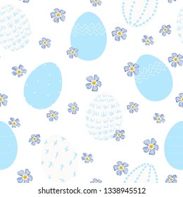 Easter seamless pattern for wrapping paper, illustration with colored eggs and spring forget-me-not flowers on white background.