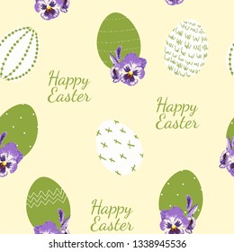 Easter seamless pattern for wrapping paper, illustration with colored eggs and spring viola flowers on yellow background.