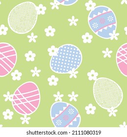 Easter seamless pattern for wrapping paper, illustration with colored eggs and spring forget-me-not flowers on green background.Easter seamless pattern with colorful eggs and flowers. Scandinavian
