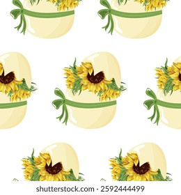 Easter seamless pattern with yellow Easter egg and yellow sunflowers with green ribbon, for poster, banner or packaging