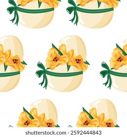 Easter seamless pattern with yellow Easter egg and yellow tulips with green ribbon, for poster, banner or packaging