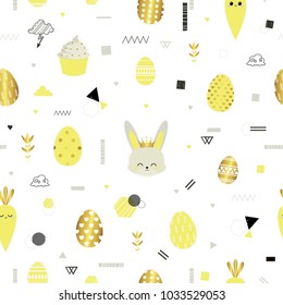 Easter. Seamless pattern with yellow and golden  easter eggs, easter bunny and carrots. Holiday. Delicate cute texture. All elements are  hidden under mask. 