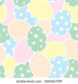 Easter seamless pattern with yellow, pink, blue and green eggs. Vector.
