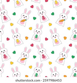 Easter seamless pattern.Cute colorful repeat pattern with eggs, hearts, carrot and rabbit little bunny isolated on white background.Vector graphic illustration.