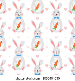 Easter seamless pattern.Cute funny bunny with carrot,dots and hearts.Easter holiday decorative background perfect for prints,flyers,banners,holiday invitations and more.