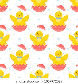 Easter seamless pattern.Cute little chicks.Easter holiday decorative background perfect for prints,flyers,banners,holiday invitations and more.Vector Easter illustration.