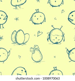 Easter seamless patterns with chickens ,eggs. Hand drawn vector illustration. Sketch