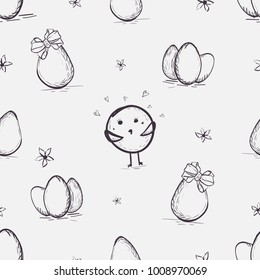 Easter seamless patterns with chickens ,eggs. Hand drawn vector illustration. Sketch