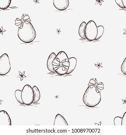 Easter seamless patterns with chickens ,eggs. Hand drawn vector illustration. Sketch