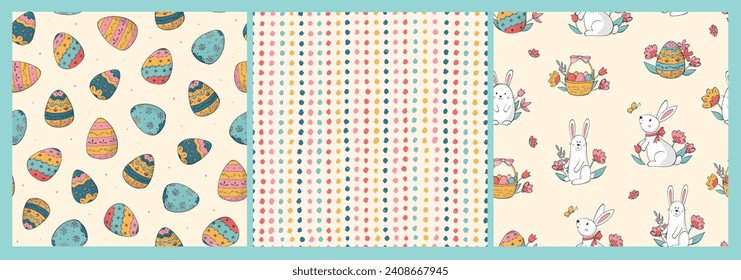 easter seamless patterns collection with doodles for nursery textile prints, wallpaper, scrapbooking, wrapping paper, packaging, tablecloth, etc. EPS 10