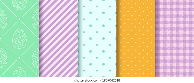 Easter seamless Patterns collection. Eggs, Gingham, Polka Dot and Striped pattern designs set. Endless texture for web, picnic tablecloth, wrapping paper. Pattern templates in Swatches panel.