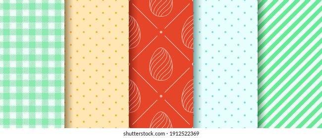Easter seamless Patterns with Eggs, Gingham, Polka Dot and Stripes. Pattern designs collection. Endless texture for web, picnic tablecloth, wrapping paper. Pattern templates in Swatches panel.