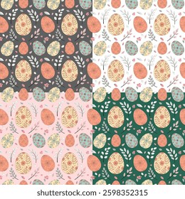 Easter Seamless Patterns – Hand-Drawn Floral Egg Design in Vintage Colors