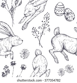Easter seamless patterns with rabbits, ornamented eggs, wild flowers, abstraction. Hand drawn vector illustration. Realistic sketches.