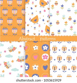 Easter seamless patterns set with abstract flower, chicken, eggs and bees
