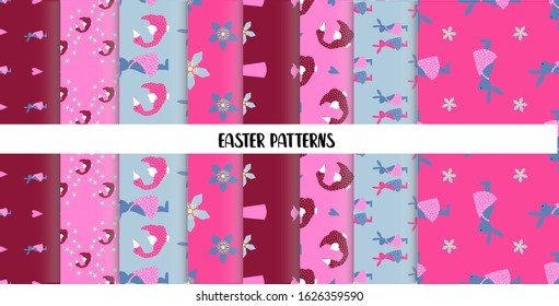 EASTER SEAMLESS PATTERNS. set of abstract vector paper with decorative flowers, shapes and symbols of easter day