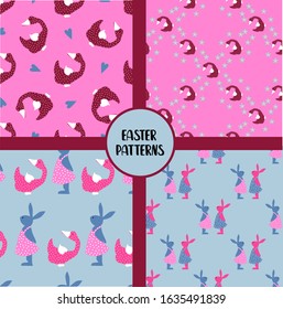 EASTER SEAMLESS PATTERNS. set of abstract vector paper with decorative flowers, shapes and symbols of easter day