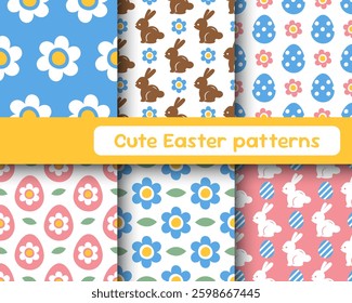 Easter seamless patterns set with cute rabbits, eggs and flowers.  Lovely Easter backgrounds collection for greeting cards, textile prints, wallpapers in pastel colors