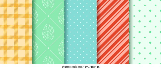 Easter seamless Patterns set in pastel colors. Eggs, Gingham, Polka Dot and Striped pattern collection. Endless texture for web, picnic tablecloth, wrapping paper. Pattern templates in Swatches panel.