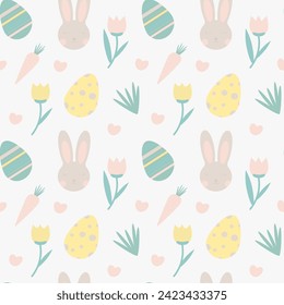 
Easter seamless pattern.Vector texture.Background with hare, carrots, eggs and flowers.