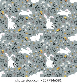 Easter seamless repeat pattern with cute hand drawn rabbits,creative for kids product,fashion,fabric,textile,apparel and all print,vector illustration