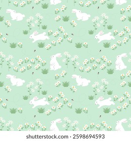 Easter seamless repeat pattern with cute rabbits and daisy flowers on green grass,vector illustration
