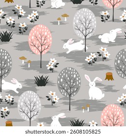 Easter seamless repeat pattern with cute bunnies happy on spring forest,vector illustration