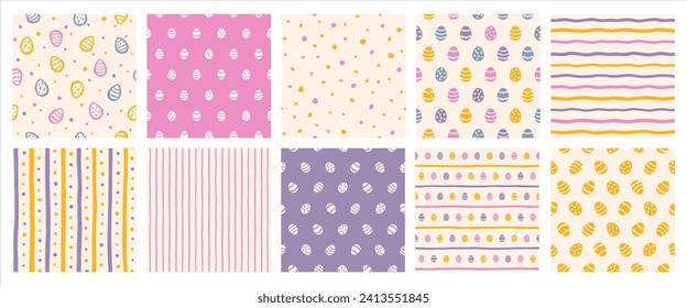 Easter seamless repeat patterns collection, backgrounds set. Tiny painted Paschal eggs, artistic brush drawn shapes with stripes, specks, uneven dots, doodle hand drawn streaks. Retro trendy colors.