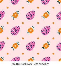 Easter seamless repeating pattern with dotted eggs, flowers and dots. Background or texture for fabric, wallpaper, textile, apparel, wrapping, scrapbooking, tags, cover, cards, invitation