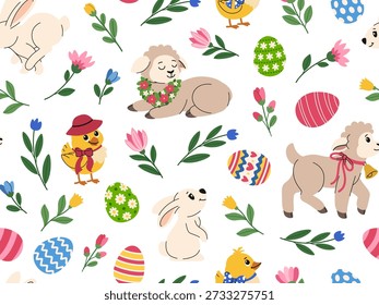 Easter seamless spring pattern with flowers, cute chicks, and lambs. Spring floral background with farm animals, flowers, and Easter eggs. Vector background.
