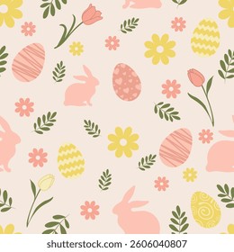 Easter seamless texture, pattern, chicken eggs with graphic pattern of flowers, rabbit. vector illustration for the Happy Easter holiday. Spring background for decoration.