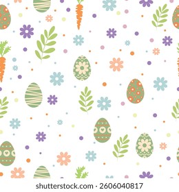 Easter seamless texture, pattern, chicken eggs with graphic pattern of flowers, rabbit. vector illustration for the Happy Easter holiday. Spring background for decoration.