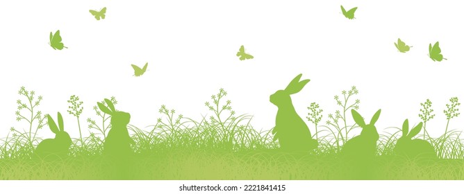 Easter Seamless Vector Background Illustration With Rabbit Silhouettes In A Grassy Field. Horizontally Repeatable.