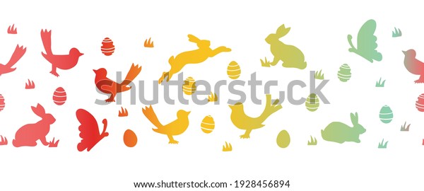 Easter seamless vector border with bunnies
butterflies and birds. Repeating horizontal pattern Easter rabbit
and eggs silhouettes. Cute border for cards, fabric trim, footer,
header, divider,
ribbons.