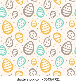 Easter seamless vector pattern. Brush drawn Easter eggs of various sizes and uneven spots texture. Free hand drawing, endless background with painted colorful eggs and chaotic blobs.