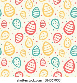 Easter seamless vector pattern. Brush drawn Easter eggs of various sizes and uneven spots texture. Free hand drawing, endless background with painted colorful eggs and chaotic blobs. 
