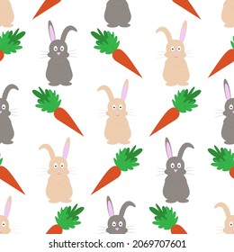Easter seamless vector pattern. Easter bunnies or rabbits with carrots on an isolated white background. Unique baby background in pastel colors 