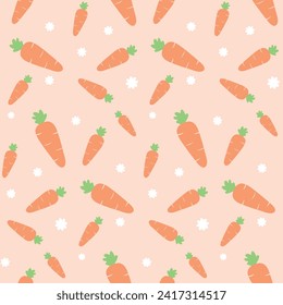 Easter seamless vector pattern with carrots and flowers, cute pastel background for postcards, wrapping paper, curtains, tablecloths or bedding, textile, wallpaper