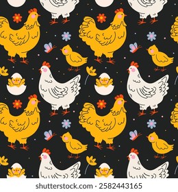 Easter seamless vector pattern with chicken bird in abstract 90s retro style.  Holiday cute groovy pattern with funky cartoon illustration of cute little chicken and flowers on dark background