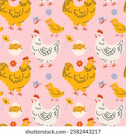 Easter seamless vector pattern with chicken bird in abstract 90s retro style.  Holiday cute groovy pattern with funky cartoon illustration of cute little chicken and flowers on pink background