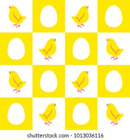 Easter seamless vector pattern with chickens. Eggs, cute chicks and checkered simple geometrical texture. Endless food, poultry farm background with hen and egg. 