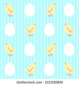 Easter seamless vector pattern with chickens. Eggs, cute chicks and simple striped geometrical texture. Endless food, poultry farm background with hen and egg. Uneven stripes, streaks, bars backdrop.