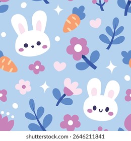 Easter seamless vector pattern with cute bunnies, eggs and floral elements. Hand drawn illustration with cartoon style for print, fabric, textile.