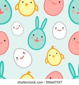 Easter Seamless Vector Pattern with Egg, Rabbit and Chicken on Blue Background. Easter Vector Seamless Texture For Gift Wrap, Tissue Paper, Textile and Web Design. Vector Cartoon Style Easter Texture.