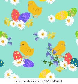 Easter. Seamless vector pattern. Flat design. Colored easter eggs, field flowers and chick on a green background.
