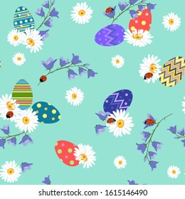Easter. Seamless vector pattern. Flat design. Colored easter eggs, field flowers and ladybirds, on a green background.